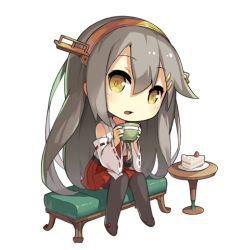 Rule 34 | 10s, 1girl, black hair, black thighhighs, brown eyes, cake, chibi, cup, food, fruit, hair between eyes, hair ornament, hairband, hairclip, haruna (kancolle), headgear, japanese clothes, kantai collection, lino-lin, long hair, lowres, nontraditional miko, sitting, skirt, solo, strawberry, teacup, thighhighs, very long hair, white background