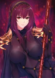 Rule 34 | 1girl, absurdres, arm at side, arm support, armor, bodysuit, breasts, breasts apart, closed mouth, covered navel, fate/grand order, fate (series), flower, gae bolg (fate), hair between eyes, half-closed eyes, hand up, highres, holding, holding weapon, huge filesize, jewelry, large breasts, long hair, looking at viewer, lying, on side, parted lips, pauldrons, pink lips, polearm, purple bodysuit, purple hair, red eyes, scan, scathach (fate), shoulder armor, sidelocks, smile, solo, spear, veil, weapon, zucchini