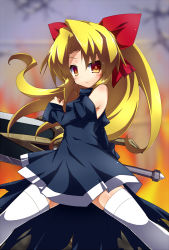 Rule 34 | 1girl, black dress, blonde hair, blush, bow, chikyuujin a, detached sleeves, dress, fighting stance, hair bow, holding, holding weapon, huge weapon, long hair, looking at viewer, needless, ponytail, seto (needless), short dress, sleeveless, sleeveless dress, solo, standing, sword, thighhighs, weapon, white thighhighs, yellow eyes