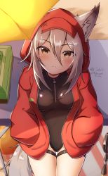 Rule 34 | 1girl, animal ears, arknights, artist name, beach umbrella, black one-piece swimsuit, blush, breasts, commentary, dated, ears through headwear, grey hair, hair between eyes, hands in pockets, hood, hood up, jacket, medium breasts, medium hair, official alternate costume, one-piece swimsuit, open clothes, open jacket, projekt red (arknights), projekt red (light breeze) (arknights), red jacket, rooby n, shadow, solo, swimsuit, tail, thigh strap, umbrella, wolf ears, wolf girl, wolf tail, zipper pull tab