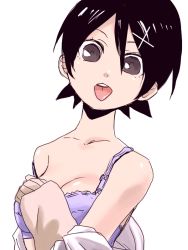 Rule 34 | 00s, 1girl, :p, black hair, bra, breasts, cleavage, collarbone, female focus, fuura kafuka, grey eyes, hair ornament, hairclip, lingerie, long sleeves, open mouth, richa doa, sayonara zetsubou sensei, short hair, simple background, solo, strap slip, sweater, tongue, tongue out, underwear, undressing, upper body, white background
