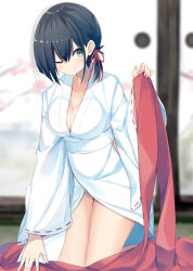 Rule 34 | 1girl, ;), black hair, blurry, blurry background, blush, breasts, cleavage, closed mouth, collarbone, commentary request, depth of field, green eyes, hair between eyes, hair ribbon, hakama, hakama pull, hakama skirt, hand up, highres, holding, indoors, japanese clothes, kavka, kimono, kneeling, long sleeves, medium breasts, miko, one eye closed, original, red hakama, red ribbon, ribbon, ribbon-trimmed sleeves, ribbon trim, skirt, smile, solo, white kimono, wide sleeves