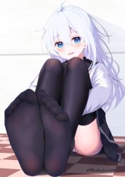 Rule 34 | 1girl, ahoge, black sailor collar, black skirt, black thighhighs, blue eyes, blush, commentary request, eyelashes, feet, fine fabric emphasis, foot focus, foreshortening, grey hair, hair between eyes, hibiki (kancolle), highres, hugging own legs, indoors, kantai collection, legs, legs together, long legs, long sleeves, no shoes, on floor, open mouth, panties, pleated skirt, sailor collar, shadow, shirt, sidelocks, sitting, skirt, soles, solo, tachakan, thighhighs, thighs, toe scrunch, toes, twitter username, underwear, white panties, white shirt