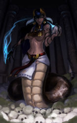Rule 34 | 1girl, blue hair, breasts, claw (weapon), column, earrings, egyptian clothes, energy, eyeshadow, gold, headdress, highres, holding, jewelry, lamia, large breasts, lips, long hair, looking at viewer, makeup, midriff, monster girl, navel, original, pelvic curtain, pile of skulls, pillar, rocky young, skull, snake, solo, underboob, weapon