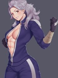Rule 34 | 1girl, abs, black gloves, breasts, clenched hands, dorohedoro, earrings, eyelashes, gloves, grey background, grey hair, highres, jacket, jewelry, long hair, looking at viewer, looking to the side, muscular, muscular female, no bra, noi (dorohedoro), putcher, red eyes, simple background, smile, solo, teeth, track jacket, track suit, zipper pull tab