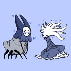 Rule 34 | 1girl, ^ ^, blue background, blue cloak, blue theme, blush, blush stickers, bug, cloak, closed eyes, colored skin, extra eyes, facing another, female focus, happy, heart, herrah (hollow knight), hollow knight, long hair, monster girl, own hands together, plant girl, sakana 2-gou, simple background, white hair, white lady (hollow knight), white skin, yuri