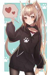 Rule 34 | 1girl, absurdres, ahoge, alphaart, alternate costume, animal ears, black choker, black hoodie, black pantyhose, brown eyes, brown hair, cat ears, cat girl, choker, crossed bangs, heart, highres, hololive, hololive english, hood, hoodie, jewelry, long hair, looking at viewer, multicolored hair, nanashi mumei, necklace, open mouth, oversized clothes, pantyhose, ponytail, sleeves past wrists, spoken heart, streaked hair, sweater, very long hair, virtual youtuber, white sweater