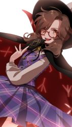 Rule 34 | 1girl, brown hair, cape, card, dutch angle, fedora, glasses, grin, hat, highres, looking at viewer, low twintails, namataro, plaid, plaid skirt, quimbaya airplane, red-framed eyewear, runes, school uniform, semi-rimless eyewear, short hair, short twintails, skirt, smile, solo, touhou, twintails, under-rim eyewear, usami sumireko, white background