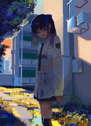 Rule 34 | 1girl, animated, animated gif, apo (rairaru20001), bow, clothing request, commentary, dress, dripping, grass, hair bow, hose, legs, looking at viewer, necktie, open mouth, original, outdoors, pixel art, plant, purple eyes, purple hair, reflection, skirt, sky, sparkle, sunset, tree, water