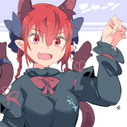 Rule 34 | 1girl, :d, akuma (akuma0907), animal ears, blush, braid, breasts, cat ears, cat tail, dress, extra ears, fang, hair ribbon, kaenbyou rin, medium breasts, multiple tails, open mouth, paw pose, red eyes, red hair, ribbon, smile, solo, tail, touhou, twin braids, two tails