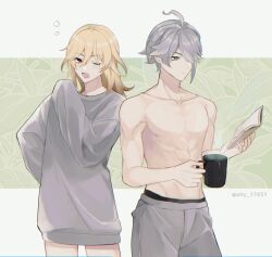 Rule 34 | 2boys, ahoge, alhaitham (genshin impact), ari (bleum), artist name, blonde hair, blush, book, closed mouth, collarbone, commentary request, cowboy shot, cup, expressionless, eyelashes, genshin impact, green background, green eyes, grey hair, grey pants, grey shirt, hair between eyes, hair over one eye, hand up, holding, holding book, holding cup, kaveh (genshin impact), long hair, long sleeves, looking at viewer, male focus, mug, multiple boys, one eye closed, one eye covered, open book, open mouth, oversized clothes, pants, parted bangs, reading, red eyes, shirt, short hair, sidelocks, simple background, sleepy, sleeves past fingers, sleeves past wrists, standing, steam, swept bangs, toned, toned male, topless male, twitter username, two-tone background, white background, yawning