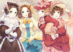 Rule 34 | 4girls, bad id, bad pixiv id, bare shoulders, blonde hair, blue eyes, bonnet, bow, brown dress, brown hair, collarbone, curly hair, dress, earrings, flower, frilled dress, frills, gloves, gown, green eyes, hair bow, hair flower, hair ornament, hair rings, hakou (barasensou), holding hands, hat, jewelry, mole, multiple girls, off shoulder, open mouth, original, pink flower, pink rose, porkpie hat, red dress, ribbon, ringlets, rose, short hair, skirt, smile, strapless, strapless dress, too many, victorian, wavy hair, white gloves, yellow dress, yellow skirt