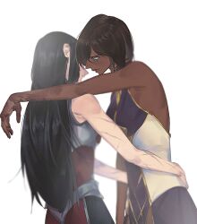 Rule 34 | 2girls, arm on another&#039;s shoulder, black hair, brown hair, closed mouth, dark-skinned female, dark skin, from side, green eyes, hair between eyes, hands on another&#039;s waist, injury, irelia, karma (league of legends), league of legends, long hair, looking at viewer, medium hair, multiple girls, scar, scar on arm, simple background, sleeveless, uchu keito, upper body, white background, yuri
