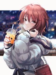 Rule 34 | 1girl, :d, ahoge, aketa mikoto, bag, blonde hair, blush, brown hair, chain, cup, disposable cup, fur-trimmed jacket, fur trim, gradient hair, handbag, highres, idolmaster, idolmaster shiny colors, jacket, kevn, letterboxed, long sleeves, looking at viewer, multicolored eyes, multicolored hair, nail polish, open mouth, out of frame, outdoors, outside border, padded jacket, smile, solo, steam, upper body