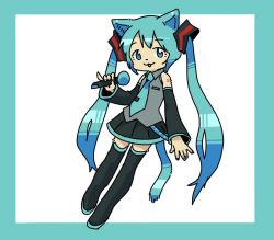 Rule 34 | 1girl, animal ears, aqua hair, blue eyes, bozo (nok-peg), cat ears, commentary, detached sleeves, hatsune miku, long hair, microphone, necktie, simple background, solo, tail, thighhighs, twintails, very long hair, vocaloid