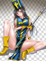 Rule 34 | 1girl, arm support, black eyes, black hair, blush, boots, breast hold, breasts, brown eyes, cosplay, covered erect nipples, cross, dragon quest, dragon quest iii, female focus, final fantasy, final fantasy vii, full body, gloves, hat, highres, holding, holding staff, large breasts, long hair, looking at viewer, mitre, naked tabard, parted lips, priest (dq3), priest (dq3) (cosplay), sideboob, sitting, solo, spread legs, staff, switch01, tabard, tifa lockhart, very long hair, weapon, yellow footwear, yellow gloves