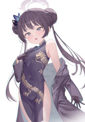 Rule 34 | 1girl, absurdres, black dress, black gloves, black hair, black jacket, blue archive, breasts, butterfly hair ornament, china dress, chinese clothes, commentary, dragon print, dress, gloves, grey eyes, hair ornament, highres, jacket, kisaki (blue archive), long hair, looking at viewer, open mouth, print dress, roi (liu tian), simple background, small breasts, solo, striped clothes, striped jacket, thighs, twintails, vertical-striped clothes, vertical-striped jacket, white background