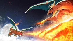 Rule 34 | bad id, bad pixiv id, breath weapon, breathing fire, charizard, commentary request, creatures (company), fangs, fire, flame-tipped tail, game freak, gen 1 pokemon, hinata (hinata-ur), moon, night, nintendo, no humans, open mouth, outdoors, pokemon, pokemon: the first movie - mewtwo strikes back, pokemon (anime), pokemon (classic anime), pokemon (creature), pokemon battle, tongue