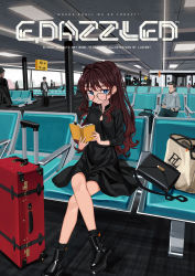 Rule 34 | 1girl, 2boys, absurdres, bag, black-framed eyewear, black dress, black footwear, black legwear, blue eyes, blush, book, bookmark, boots, breasts, brown hair, comiket 99, commentary request, cover, cover page, crossed legs, dress, elisia valfelto, eyebrows hidden by hair, glasses, hair intakes, handbag, highres, holding, holding book, indoors, long hair, long sleeves, luicent, multiple boys, open book, original, parted lips, people, ribbed legwear, rolling suitcase, sitting, small breasts, socks, suitcase, very long hair