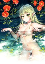 Rule 34 | 1girl, artist name, bad id, bad twitter id, bare shoulders, bikini, blush, breasts, cleavage, collarbone, commentary request, dated, earrings, fingernails, flower, green eyes, green hair, highres, jewelry, leaf, long hair, looking at viewer, medium breasts, nardack, navel, original, parted lips, partially submerged, pointy ears, shiny skin, signature, solo, strapless, swimsuit, water, water drop, white bikini