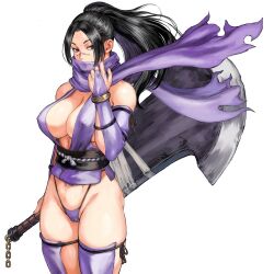 Rule 34 | 1girl, black hair, breasts, bridal gauntlets, cameltoe, cleft of venus, copyright request, covered mouth, cowboy shot, highleg, highleg panties, holding, holding sword, holding weapon, huge weapon, large breasts, looking at viewer, ninja, obi, panties, ponytail, purple panties, purple scarf, purple thighhighs, red eyes, sash, scarf, shu-mai, simple background, solo, standing, sword, thighhighs, underwear, weapon, white background
