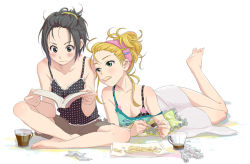 Rule 34 | 2girls, bare legs, bare shoulders, barefoot, black eyes, black hair, blonde hair, blush, book, bra, breasts, candy, chips (food), coffee, cup, downblouse, food, forehead, green eyes, hair up, holding, holding book, hoshii miki, idolmaster, idolmaster (classic), indian style, kikuchi makoto, lying, medium breasts, mouth hold, multiple girls, on stomach, open book, potato chips, reading, short hair, shorts, sitting, skirt, snack, strap slip, tank top, topknot, underwear, yachiwo