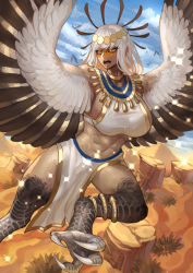 Rule 34 | 1girl, abs, absurdres, bare shoulders, bird legs, blue eyes, blue sky, breasts, brown feathers, canyon, circlet, cloud, commentary request, commission, crop top, dark-skinned female, dark skin, day, feathered wings, feathers, flying, harpy, highres, large breasts, long hair, looking at viewer, midriff, monster girl, navel, open mouth, original, outdoors, pelvic curtain, shirt, sidelocks, skeb commission, sky, sleeveless, sleeveless shirt, solo, sparkle, sumosamo, talons, taut clothes, teeth, usekh collar, white hair, white shirt, winged arms, wings