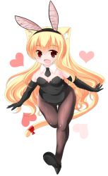 Rule 34 | 1girl, :d, animal ear fluff, animal ear hairband, animal ears, bare shoulders, black footwear, black gloves, black hairband, black leotard, black necktie, blonde hair, blush, breasts, brown pantyhose, cat ears, cat girl, cat tail, collar, commentary request, detached collar, elbow gloves, fake animal ears, fang, full body, gloves, hair between eyes, hairband, heart, high heels, highres, kanijiru, leotard, long hair, looking at viewer, medium breasts, necktie, open mouth, original, outstretched arms, pantyhose, playboy bunny, rabbit ear hairband, rabbit ears, red eyes, red ribbon, ribbon, shoe soles, shoes, short necktie, simple background, smile, solo, strapless, strapless leotard, tail, tail ornament, tail ribbon, very long hair, white background, white collar, wing collar
