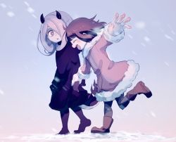 Rule 34 | 2girls, alternate costume, blush, boots, coat, demon horns, closed eyes, horns, kagari atsuko, little witch academia, multiple girls, open mouth, pink coat, smile, snow, snowing, standing, standing on one leg, sucy manbavaran, tama (tm suac)