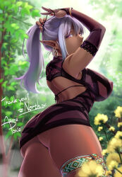 Rule 34 | 1girl, ass, bracelet, breasts, dark elf, dark skin, dress, earrings, elf, forest, grey hair, highres, jewelry, large breasts, looking back, nature, pointy ears, ponieeast, ponytail, purple eyes, see-through, solo, tight clothes, tight dress
