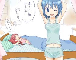 Rule 34 | 10s, 2girls, armpits, arms up, bad id, bad twitter id, bare shoulders, bed, bed sheet, blanket, bloomers, blue hair, collarbone, isora, long hair, looking at viewer, magical girl, mahou shoujo madoka magica, mahou shoujo madoka magica (anime), miki sayaka, multiple girls, navel, on bed, open mouth, pajamas, pillow, red hair, sakura kyoko, shirt, short hair, sleeveless, sleeveless shirt, spoken zzz, standing, stretching, stuffed animal, stuffed toy, tank top, teddy bear, translation request, underwear, zzz