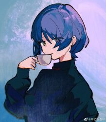 Rule 34 | 1girl, black shirt, blue hair, bocchi the rock!, closed mouth, collared shirt, cup, earrings, hair between eyes, hair ornament, hejingming, highres, holding, holding cup, jewelry, long sleeves, looking at viewer, shirt, short hair, signature, solo, upper body, yamada ryo, yellow eyes