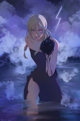 Rule 34 | 1girl, black dress, blackpink, blonde hair, commentary, dated, dress, eren xg7, hair between eyes, highres, holding, k-pop, light smile, looking at viewer, parted lips, pink lips, real life, red eyes, rose (blackpink), smoke, solo, strapless, strapless dress, symbol-only commentary, twintails, twitter username, wading