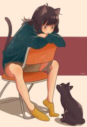 Rule 34 | 1girl, ahoge, animal, animal ears, black cat, black hair, blunt bangs, brown shorts, cat, cat ears, cat girl, cat tail, chair, crossed arms, eye contact, flipped hair, folding chair, full body, head on arm, jitome, kimura 731, long hair, long sleeves, looking at animal, looking at another, looking down, looking up, no shoes, original, scratches, shorts, sitting, socks, staring, staring contest, tail, tail raised, yellow socks