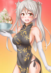 Rule 34 | 1girl, anti (untea9), black dress, black panties, bowl, breasts, brown eyes, china dress, chinese clothes, commentary request, conte di cavour (kancolle), dress, elbow gloves, food, gloves, grey hair, highres, holding, holding food, holding tray, jirou (ramen), kantai collection, large breasts, long hair, noodles, panties, pelvic curtain, ramen, side-tie panties, sideboob, solo, tray, underwear, white gloves