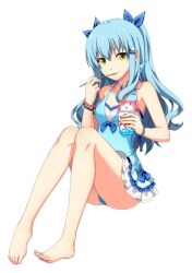 1girl akatsuki_no_kiseki alternate_costume bare_arms bare_legs barefoot blue_bow blue_hair blue_one-piece_swimsuit bow bracelet breasts casual_one-piece_swimsuit cat_hair_ornament cleavage collarbone eiyuu_densetsu full_body hair_bow hair_ornament holding jewelry mishette official_art one-piece_swimsuit short_hair simple_background sitting small_breasts solo swimsuit tio_plato white_background yellow_eyes zero_no_kiseki