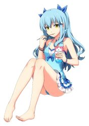 Rule 34 | 1girl, akatsuki no kiseki, alternate costume, bare arms, bare legs, barefoot, blue bow, blue hair, blue one-piece swimsuit, bow, bracelet, breasts, casual one-piece swimsuit, cat hair ornament, cleavage, collarbone, eiyuu densetsu, full body, hair bow, hair ornament, holding, jewelry, mishette, official art, one-piece swimsuit, short hair, simple background, sitting, small breasts, solo, swimsuit, tio plato, white background, yellow eyes, zero no kiseki