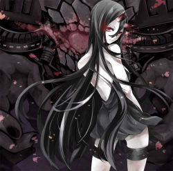 Rule 34 | 10s, 1girl, abyssal ship, ass, atoshi, back, backless dress, backless outfit, bad id, bad pixiv id, bare arms, battleship princess, black hair, dress, horns, kantai collection, long hair, looking at viewer, pale skin, personification, red eyes, short dress, skin-covered horns, solo, thigh strap, very long hair
