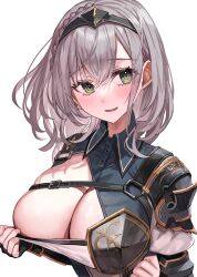 Rule 34 | 1girl, absurdres, armor, blush, breasts, cleavage, green eyes, grey hair, highres, hololive, large breasts, looking at viewer, medium hair, mole, mole on breast, parted lips, rum raisin (chihiromakita19), shiny skin, shirogane noel, shirogane noel (1st costume), smile, solo, upper body, virtual youtuber, white background