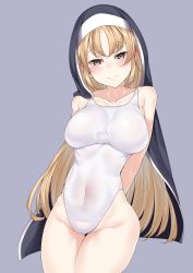 Rule 34 | 1girl, absurdres, arms behind back, breasts, brown eyes, competition swimsuit, cowboy shot, grey background, habit, highleg, highleg swimsuit, highres, large breasts, light brown hair, long hair, looking at viewer, nijisanji, nun, one-piece swimsuit, simple background, sister claire, sister claire (1st costume), solo, swimsuit, thigh gap, virtual youtuber, watosu (watosu mama), white one-piece swimsuit