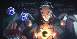 Rule 34 | 1boy, armor, bald, black hole, chalkboard, equation, floating, floating object, highres, mechanical parts, nishikawa eito, overwatch, overwatch 1, power armor, sigma (overwatch), solo