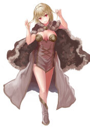 Rule 34 | 1girl, absurdres, blonde hair, boots, breasts, brown cape, brown dress, cape, cleavage, crossed legs, dress, full body, fur-trimmed cape, fur trim, gold trim, hair between eyes, hair down, hair intakes, hands up, head tilt, high wizard (ragnarok online), highres, holding, holding own hair, kathryne keyron, looking at viewer, medium breasts, no gloves, overskirt, ragnarok online, red eyes, red pupils, sail (sail-away), short dress, short hair, simple background, solo, standing, strapless, strapless dress, two-tone dress, watson cross, white background, white dress, white footwear