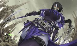 Rule 34 | 1girl, akali, armor, breasts, colored skin, darksiders, exaxuxer, from below, holding, holding scythe, holding weapon, league of legends, mask, outdoors, purple skin, scythe, sideboob, skeleton, skull, skull mask, solo focus, standing, thighhighs, weapon