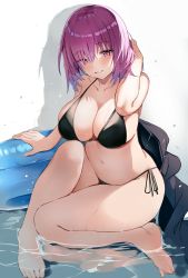 Rule 34 | 1girl, bikini, black bikini, breasts, cleavage, fate/grand order, fate (series), highres, inflatable toy, jacket, unworn jacket, large breasts, legs together, looking at viewer, mash kyrielight, mash kyrielight (swimsuit of perpetual summer), playing with own hair, purple eyes, purple hair, seductive smile, shadow, side-tie bikini bottom, smile, solo, swimsuit, thighs, togo (korlsj1235), white background