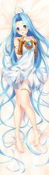 Rule 34 | 1girl, absurdres, ahoge, armlet, barefoot, bed sheet, blue eyes, blue hair, blush, bridal gauntlets, chestnut mouth, dakimakura (medium), dress, feet, from above, full body, granblue fantasy, hair intakes, highres, long hair, looking at viewer, lyria (granblue fantasy), on bed, open mouth, short dress, sleeveless, sleeveless dress, solo, strapless, strapless dress, thighlet, unosuke, very long hair, white dress