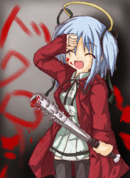 Rule 34 | 00s, 1girl, blood, blood on face, bloody weapon, blue hair, bokusatsu tenshi dokuro-chan, club (weapon), escaliborg, excalibolg, closed eyes, halo, hand on forehead, kanabou, mitsukai dokuro, open mouth, solo, spiked club, thighhighs, weapon