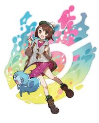 Rule 34 | 1girl, :d, absurdres, backpack, bag, bob cut, boots, brown bag, brown eyes, brown footwear, brown hair, buttons, cable knit, cardigan, clenched hand, collared dress, commentary, creatures (company), dress, dynamax band, flying sweatdrops, game freak, gen 8 pokemon, gloria (pokemon), green headwear, green socks, grey cardigan, hat, highres, holding, holding poke ball, hooded cardigan, nintendo, official art, open mouth, pink dress, plaid socks, poke ball, poke ball (basic), pokemon, pokemon (creature), pokemon swsh, saitou naoki, short hair, smile, sobble, socks, symbol-only commentary, tam o&#039; shanter