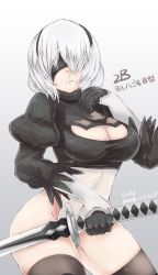 Rule 34 | 1girl, b.d, backless dress, backless outfit, black gloves, black thighhighs, blindfold, breasts, cleavage, cleavage cutout, clothing cutout, covered navel, dress, gloves, hairband, high heels, highres, leotard, medium breasts, mole, mole under mouth, nier (series), nier:automata, no pants, short hair, solo, thighhighs, thighs, white gloves, white hair, 2b (nier:automata)