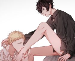 Rule 34 | 2boys, black eyes, black hair, black shirt, blonde hair, bottomless, closed eyes, collared shirt, foot out of frame, given, hand on another&#039;s foot, highres, kaji akihiko, light particles, long sleeves, male focus, multiple boys, murata ugetsu, open mouth, pinoli (pinoli66), shirt, simple background, sitting, smile, teeth, thighs, white background, white shirt