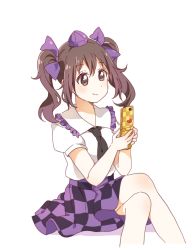 Rule 34 | 1girl, blush, brown eyes, brown hair, cellphone, crossed legs, feet out of frame, flip phone, frilled shirt collar, frills, hair ribbon, hat, himekaidou hatate, holding, holding phone, necktie, phone, pointy ears, puffy short sleeves, puffy sleeves, purple skirt, ribbon, sasaki sakiko, shirt, short sleeves, sitting, skirt, smile, solo, tokin hat, touhou, twintails, white background, white shirt